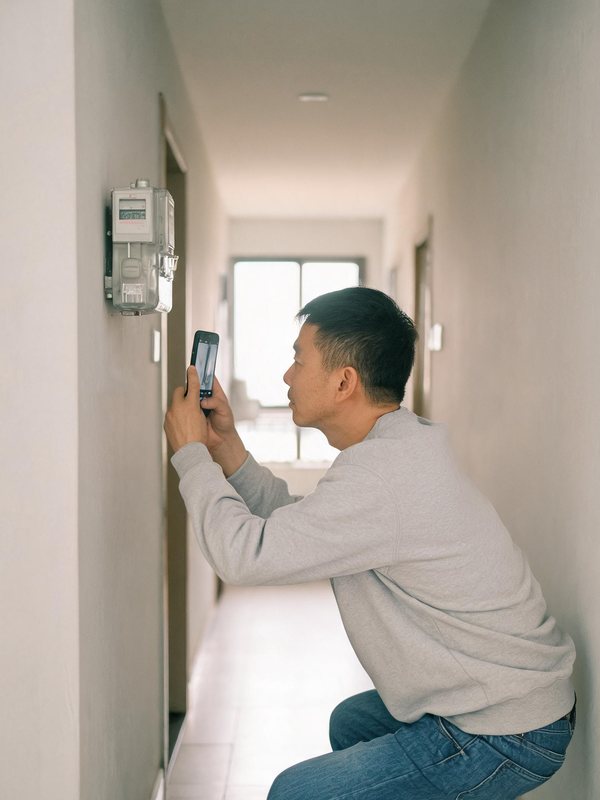 房东在楼道用手机拍电表读数